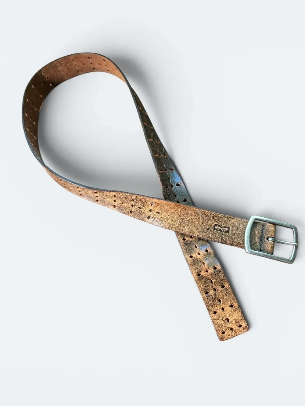 Levi's Distressed Brown Leather Belt Perforated Geometric Cutout Size 34 Grunge